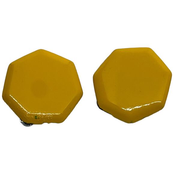 Vintage Yellow Hexagon Metal Clip-On Stud Button Earrings - Retro 80s - Picture 4 of 8